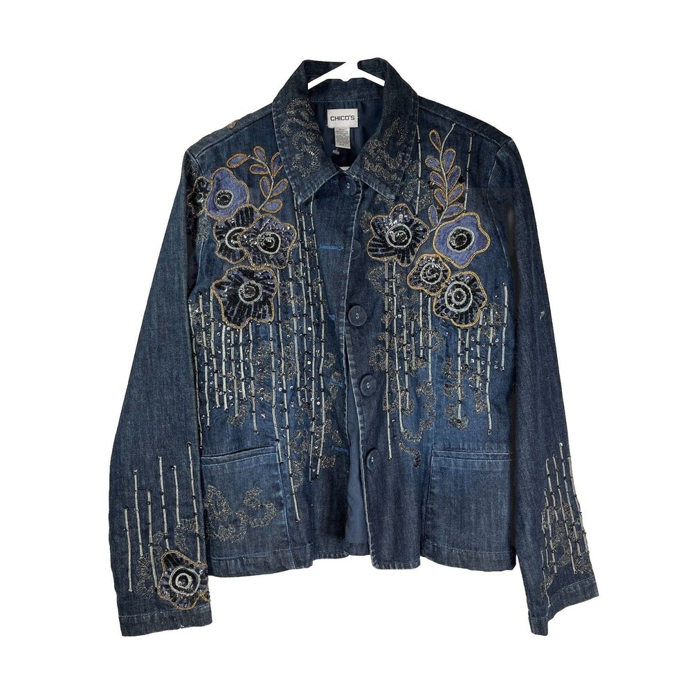 Chicos Denim Beaded Jacket Blazer Sleeve Top blouse 1 M 6 8